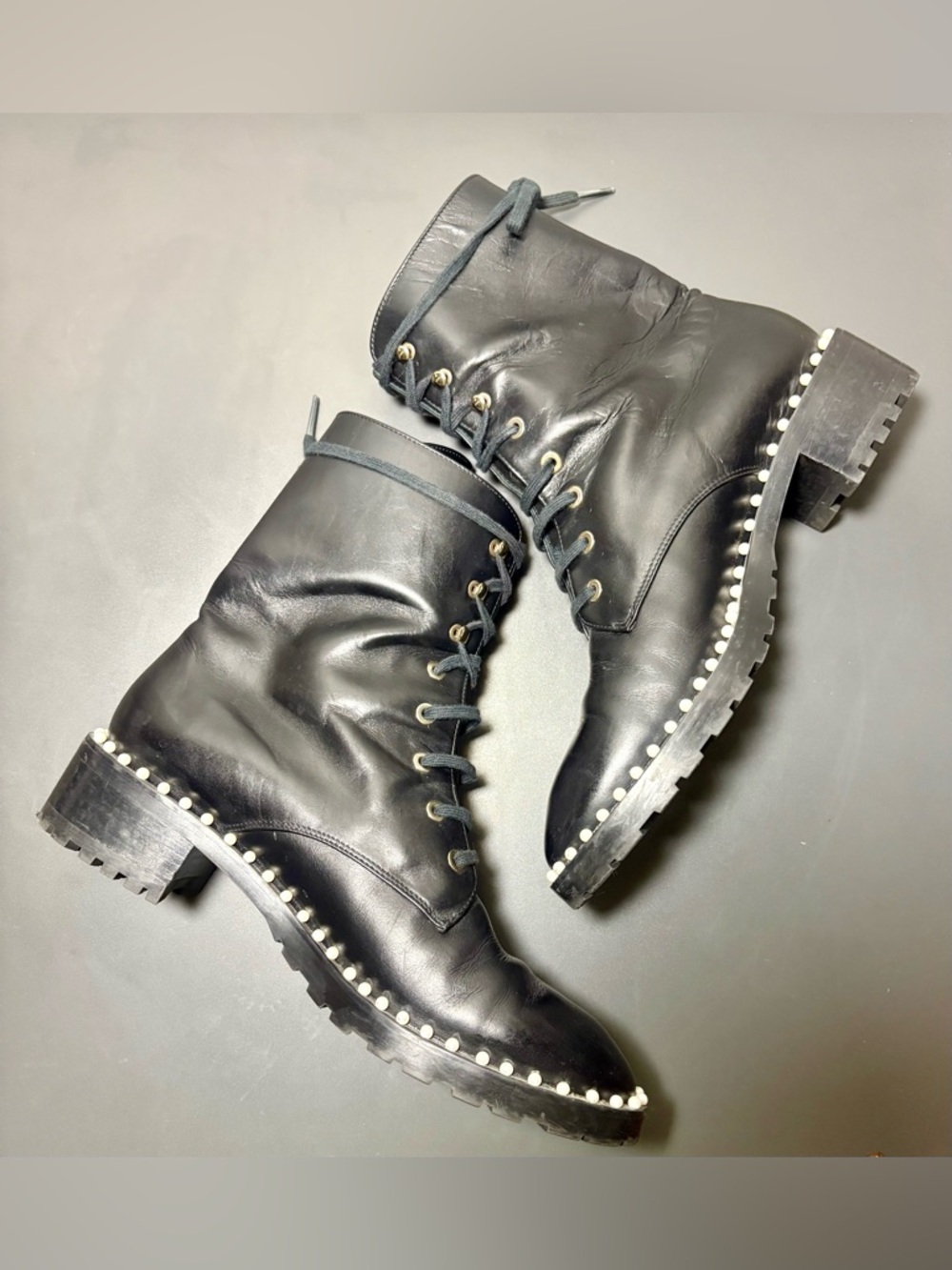 STUART WEITZMAN Sondra Black Leather Pearl-Trim Lace-Up Combat Boot - Picture 6 of 10
